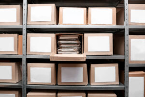 organized storage boxes with blank labels