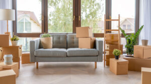 Cardboard boxes in new, neutral-colored apartment.