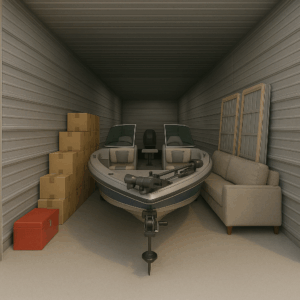 View through an open door of a 10ft by 20ft self-storage unit, showing a couch, small power boat, and multiple boxes stacked beside one another.