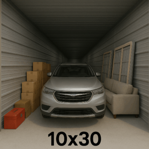 View through an open door of a large 10ft by 30ft self-storage unit, showing a car, couch,, bed frame, and multiple boxes stacked beside one another.