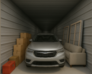 View through an open door of a large 10ft by 30ft self-storage unit, showing a car, couch,, bed frame, and multiple boxes stacked beside one another.
